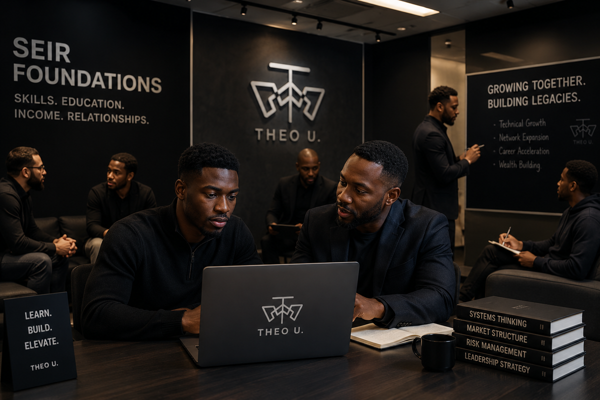 Black technology professionals collaborating and mentoring in the Theo University community